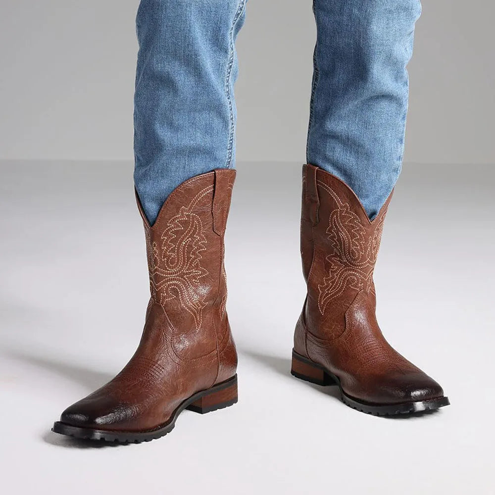 Plus size 12.5 Fashion Retro Square Toe Neutral Cowboy Boots Luxury Embroidered Concise Pull-on Western Boots