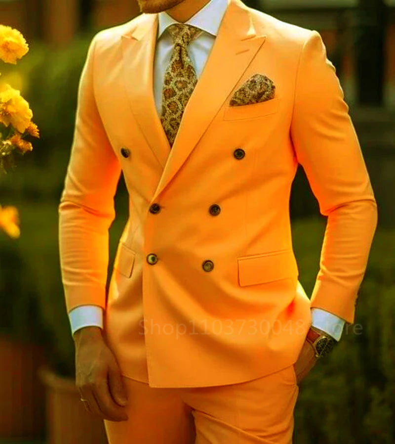 Solid 2 Pieces Men Suits Set Fashion Men's Formal Business/Wedding Groom Suits Peak Lapel Double Breasted Blazer Trousers