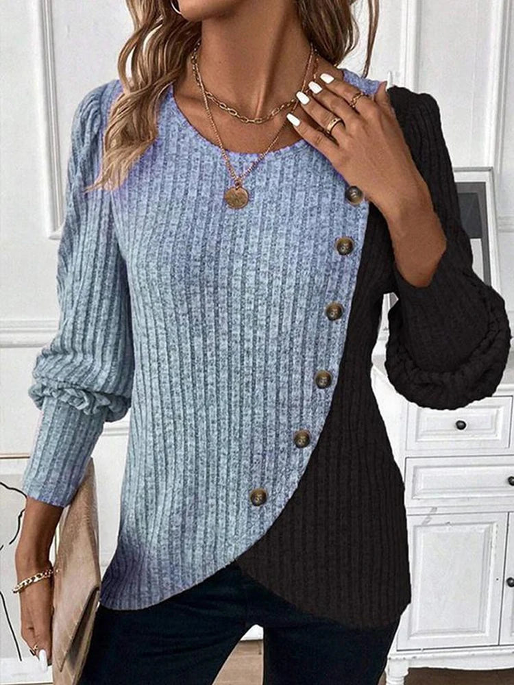Long Sleeve Buttons Pit Striped Women Sweaters Contrast Color O-Neck Pullovers Loose Simple Knitted Clothing
