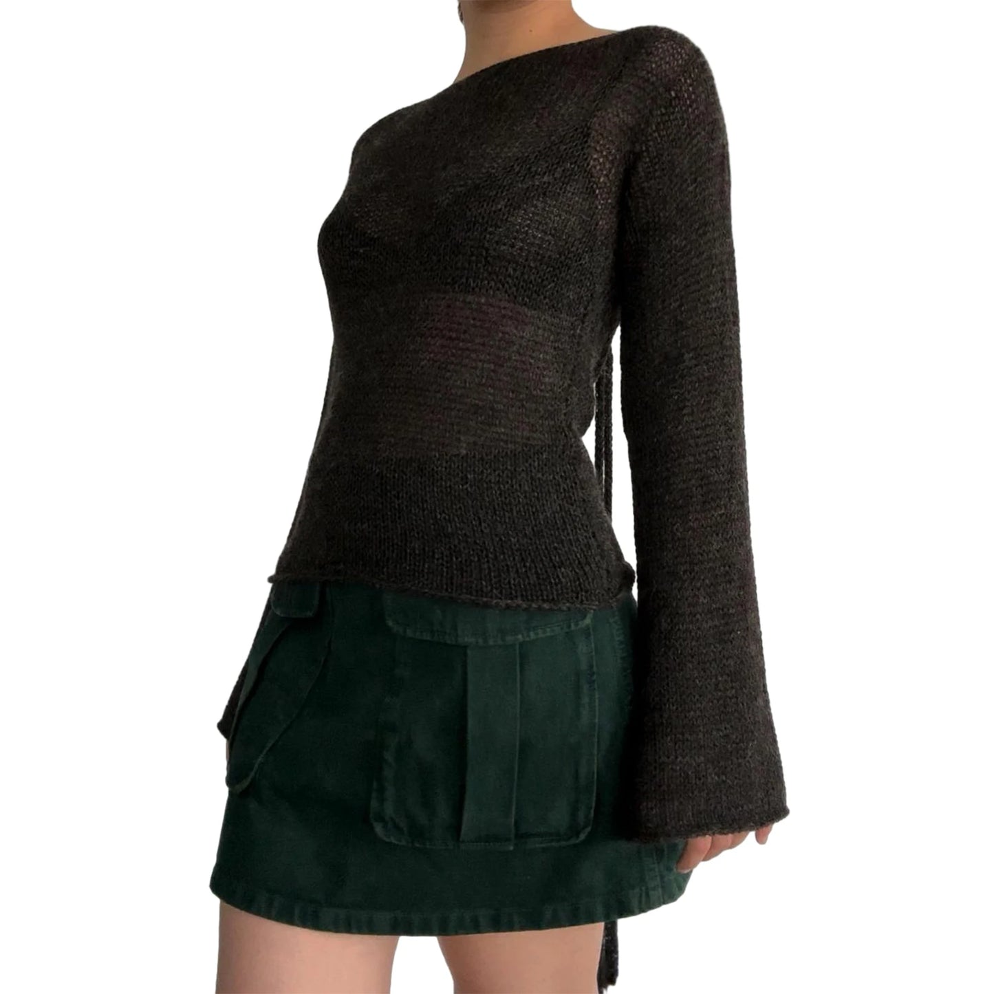 Fashion Women's T-shirt Tie Back Sweaters Long Sleeve Boat Neck Solid Color Knit Pullover Casual Tops Streetwear