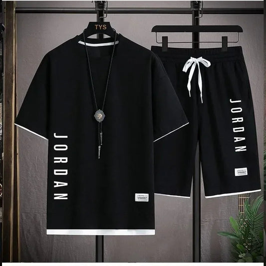 Stylish casual T-shirt + Shorts set Men's sports set Loose comfortable low Run  men's summer Waffle suit