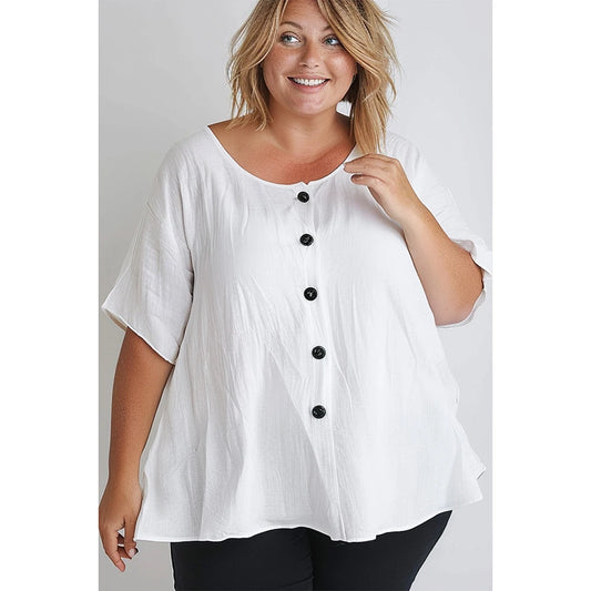 Summer Casual White Basic Linen Button Down Round Neck Half Sleeve Blouse