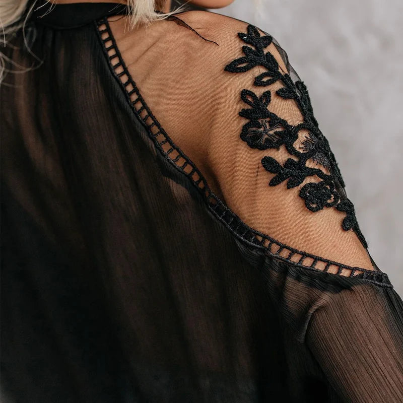 Summer Solid Color Chiffon Sexy Loose V-neck Lace Hollow Out Embroidery Blouses