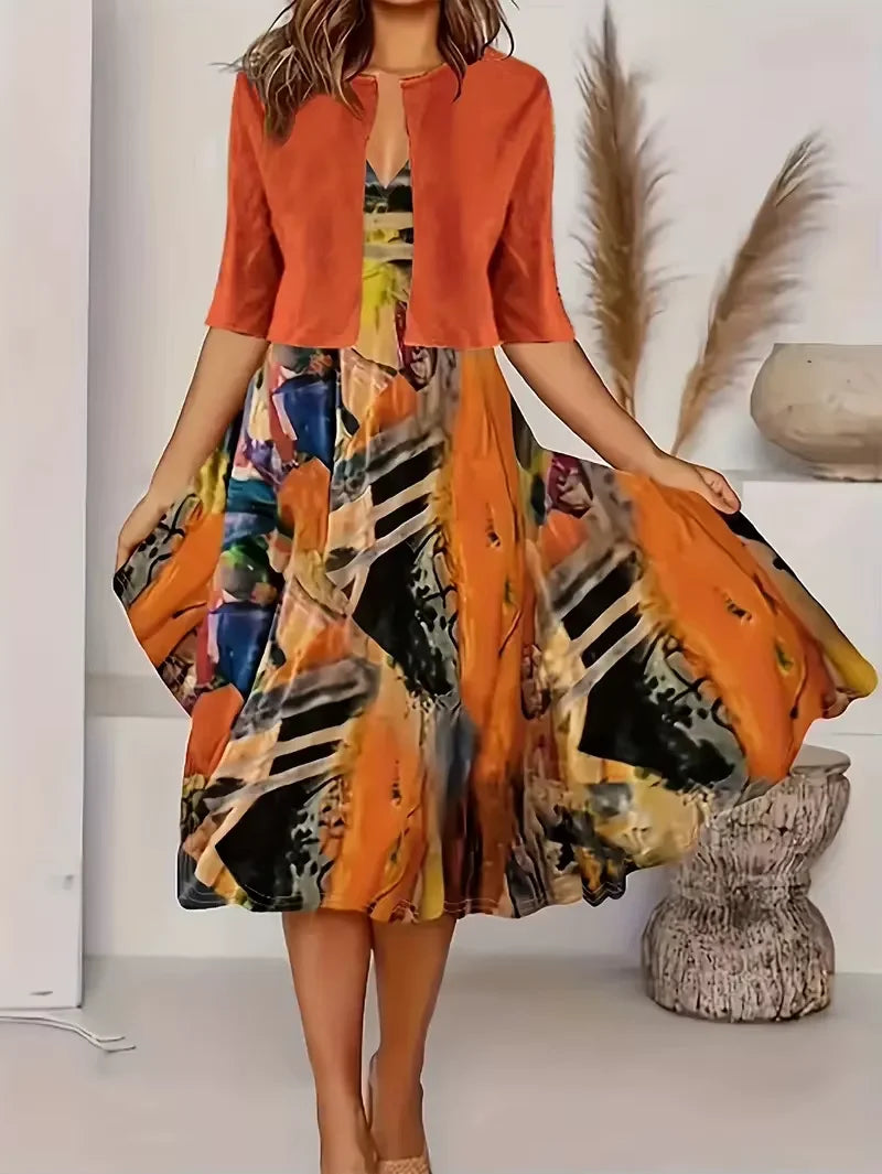 Europe and United States  women's dress two-piece floral and geometric print dress leisure holiday women's wear