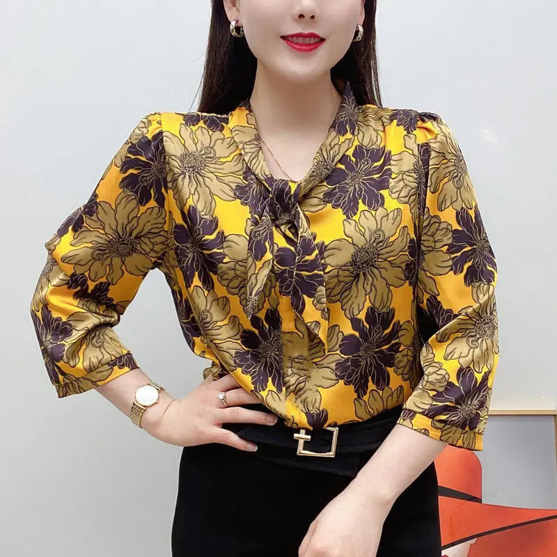 Floral Printed Bow Loose Long Sleeve Chiffon Shirts