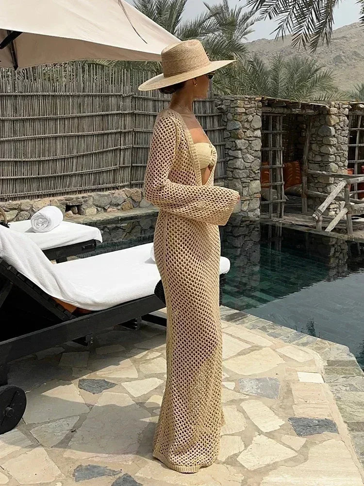 Sexy U-neck Bell Sleeve Knit Maxi Dress Women's Swimwear Bikini Cover-ups  Crochet Beach Outfit