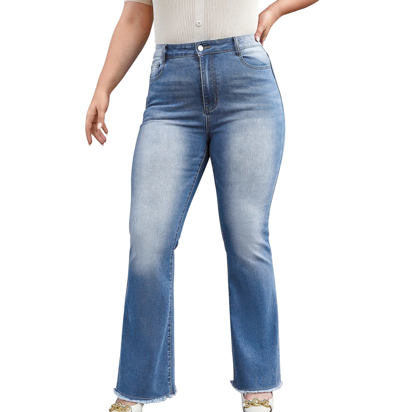 Women s Plus Size High Waist Flared Jeans with Frayed Hemline Mid-Rise Denim for Spring and Fall