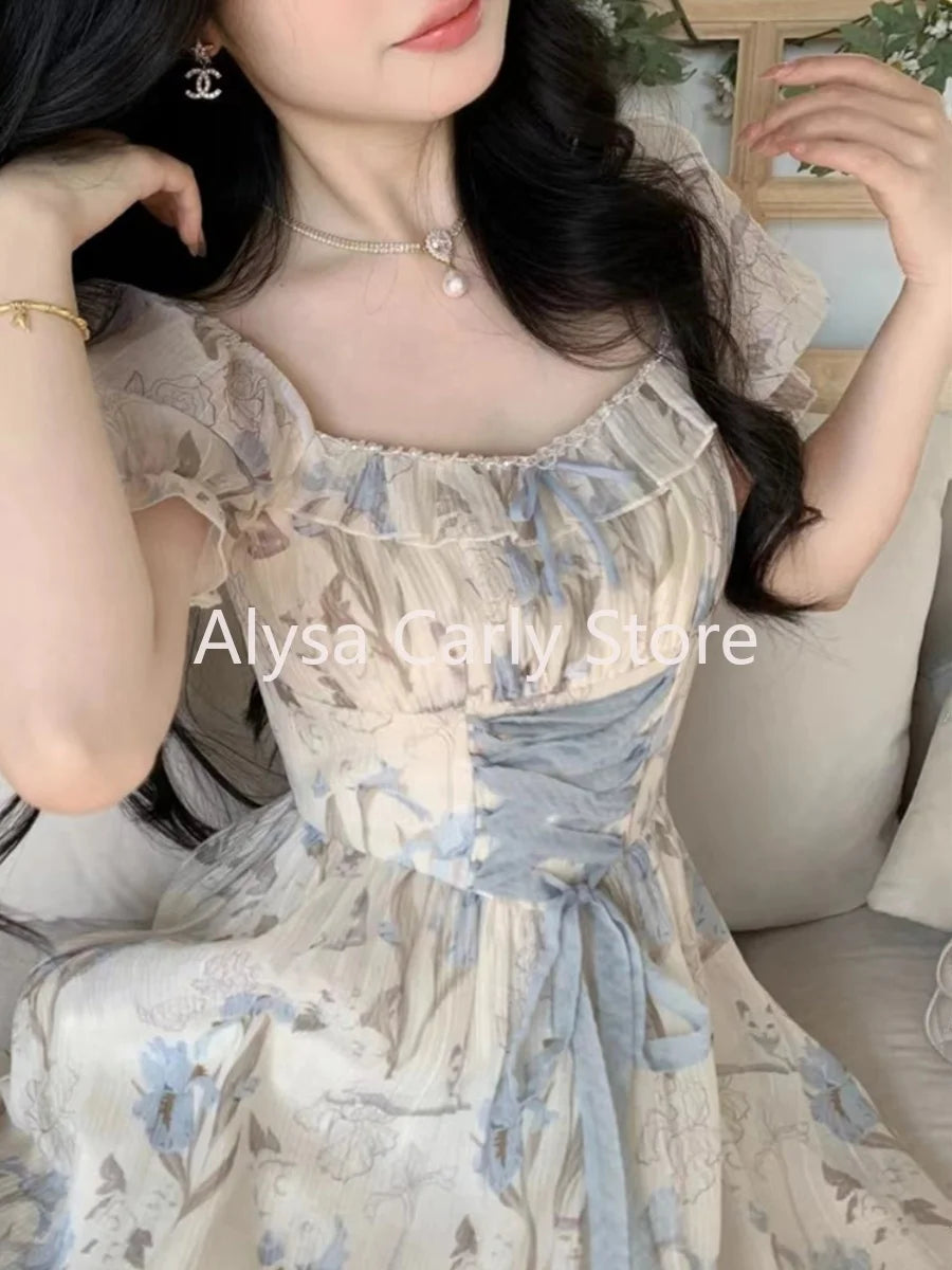 Vintage Floral Midi Dress Ruffles Design Casual  Lace-up