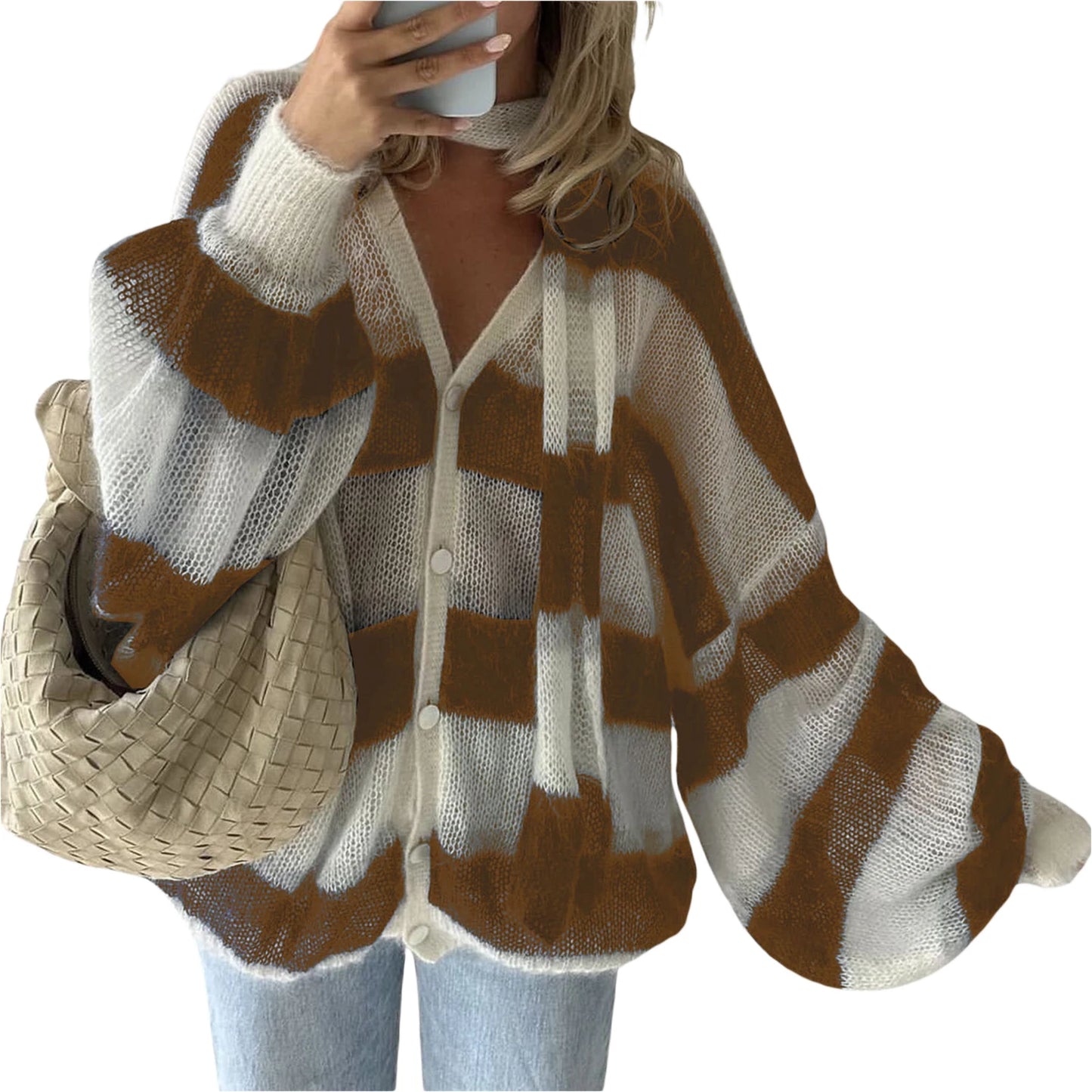 Ladies Cozy Striped Knit Cardigan with V-Neck Long Sleeves Button-Front Closure and Matching Scarf for a Stylish Look