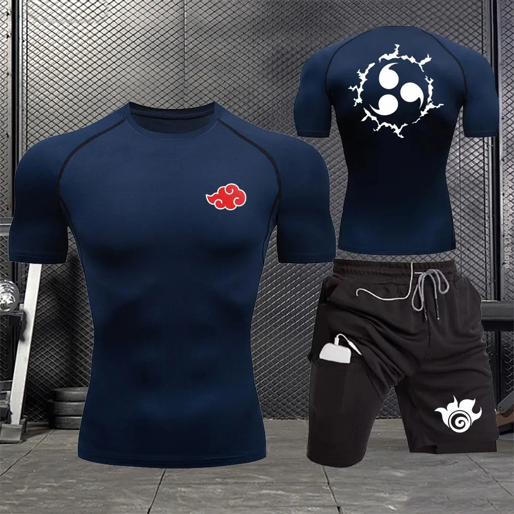 Jogging Breathable Compression Sportswear Summer Men's Training Two-piece Tight T-shirt Fitness Shorts Gym Workout Set S-3xl