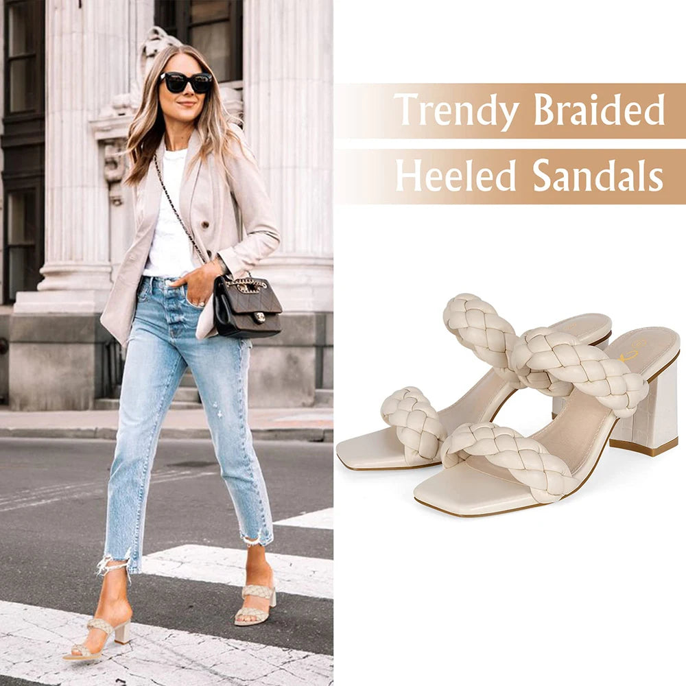 Elegant Braided Heels Fashion Strappy Square Sandals Open Toe Backless Mules Slip On Block Heeled Shoes