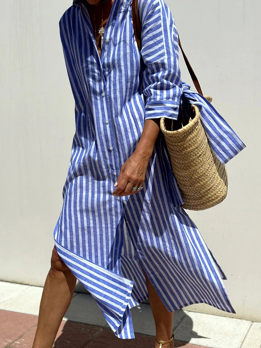Casual V-Neck Short Sleeve Striped Button Up Midi Dress with Belt and Pockets