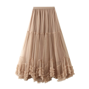 Women’s Tulle Long Skirts Elastic High Waist Ruffle Hem Fluffy A-line Midi Skirts