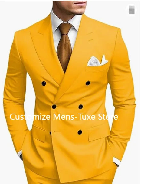 High Quality Men's Suits Double Breasted Bespoke Double Breasted Peaked Lapel Formal Blazer Slim Fit 2 Piece Jacket Pants