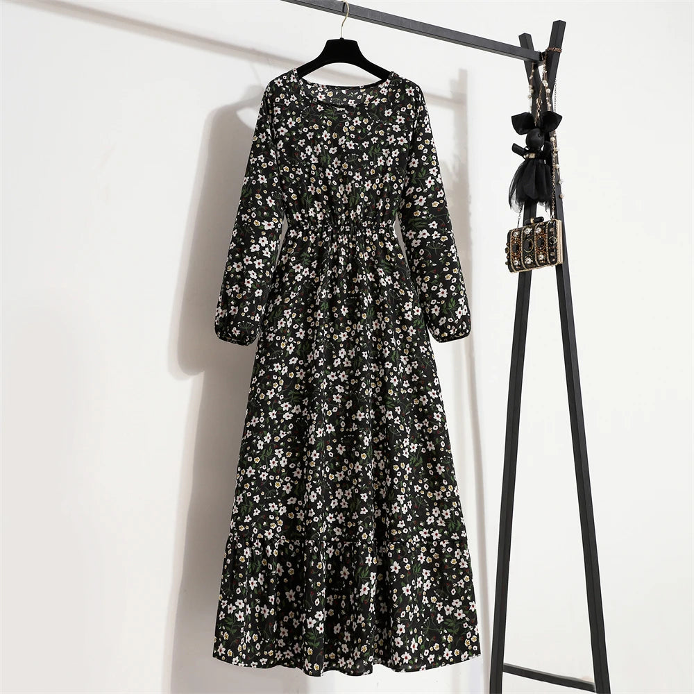 Spring Summer Women Maxi Dresses Casual Full Sleeve Floral Printed O-neck Woman Boho Beach Party Long Dress