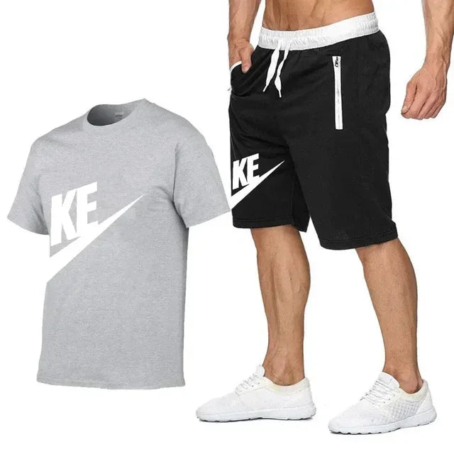 Summer men's printed round neck short-sleeved T-shirt + five-point shorts two-piece fitness sports fashion leisure suit
