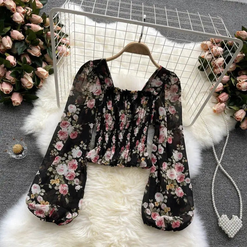 Elegant Floral Printed Chiffon Square Collar Slim  Lantern Sleeve Blouse