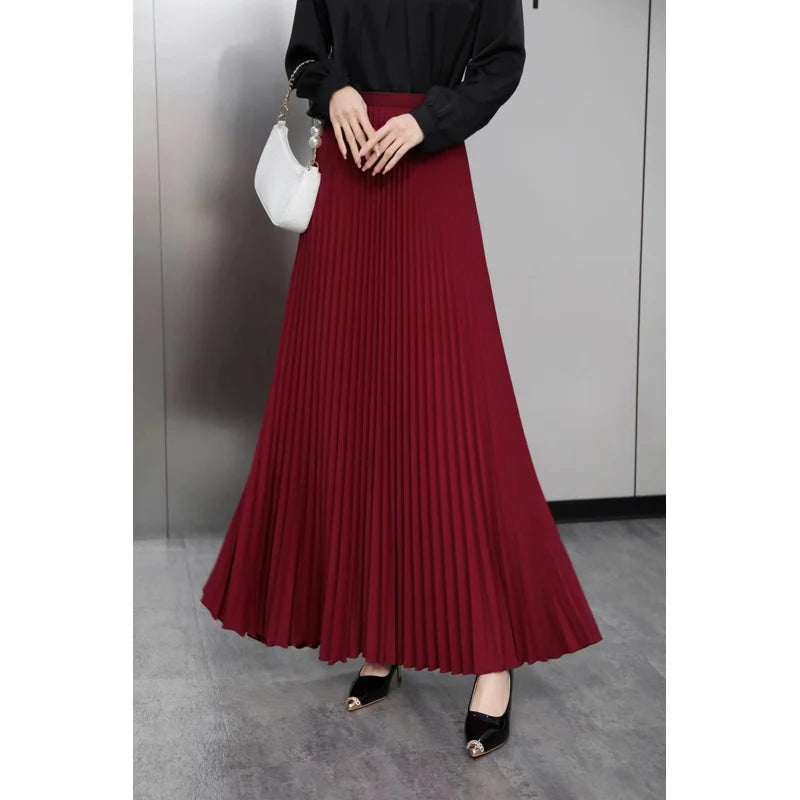 Casual Office  Pleated Skirt  Hight Waist Solid Long Skirt