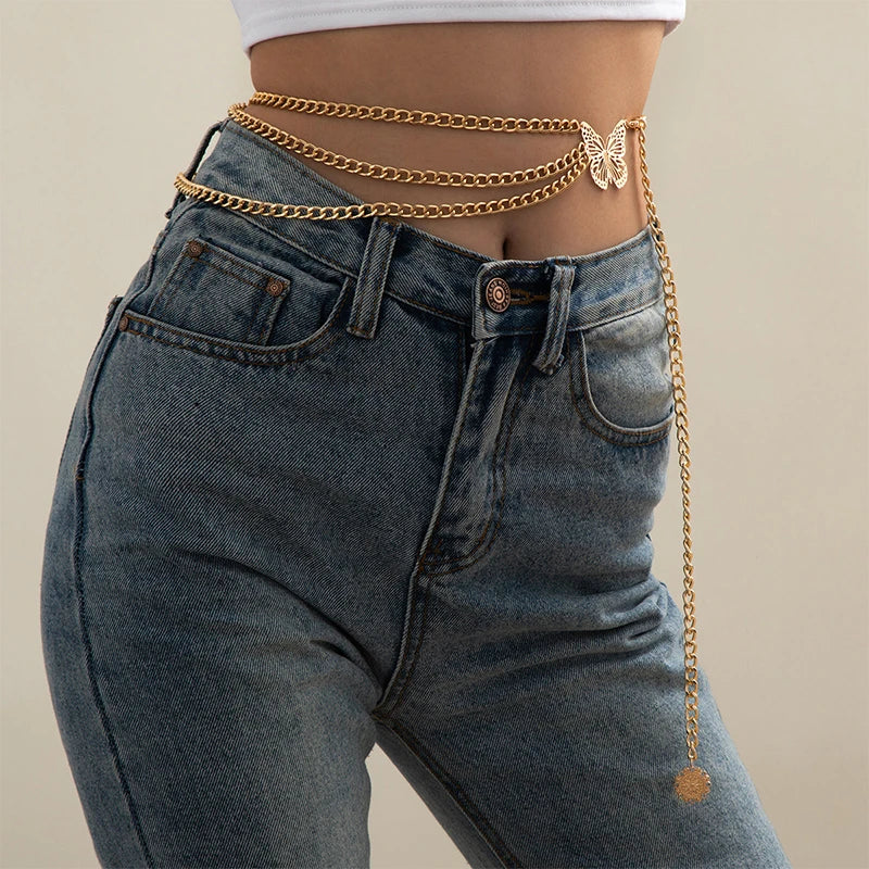 Butterfly Waist Chain Elegant Multi-Layer Butterfly Tassel Waist Chain Belt For Women Metal High Waist Chain Dress Lady Belt
