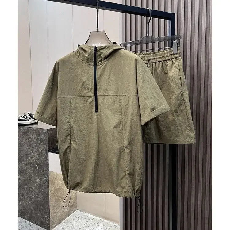 Summer Cargo Hooded Tracksuit Short Sleeve T-shirt Zipped and Shorts Outfits Quick Drying Solid Casual Outdoor Sport Clothes Set
