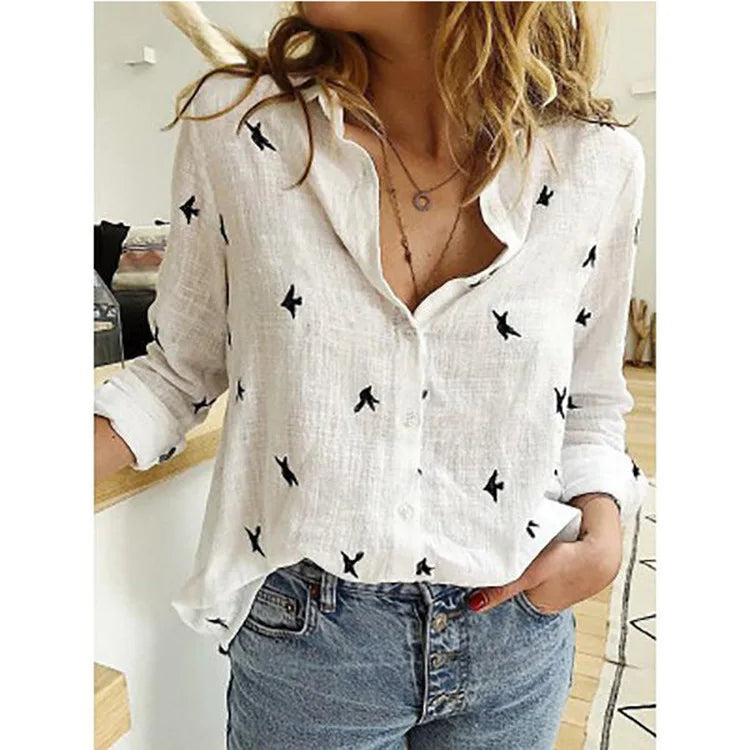 Elegant Cotton Linen Shirts Women Casual Solid Button Lapel Blouses Shirts  Long Sleeve Loose Tops