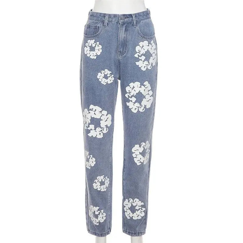 Women Jeans Denim Pants Fall Winter Casual Aesthetic Flower Print Jeans  High Waist Fashion