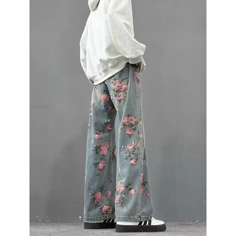 DM Street hip-hop men and women trendy straight leg personalized rose blossom jeans American couple loose retro casual pants