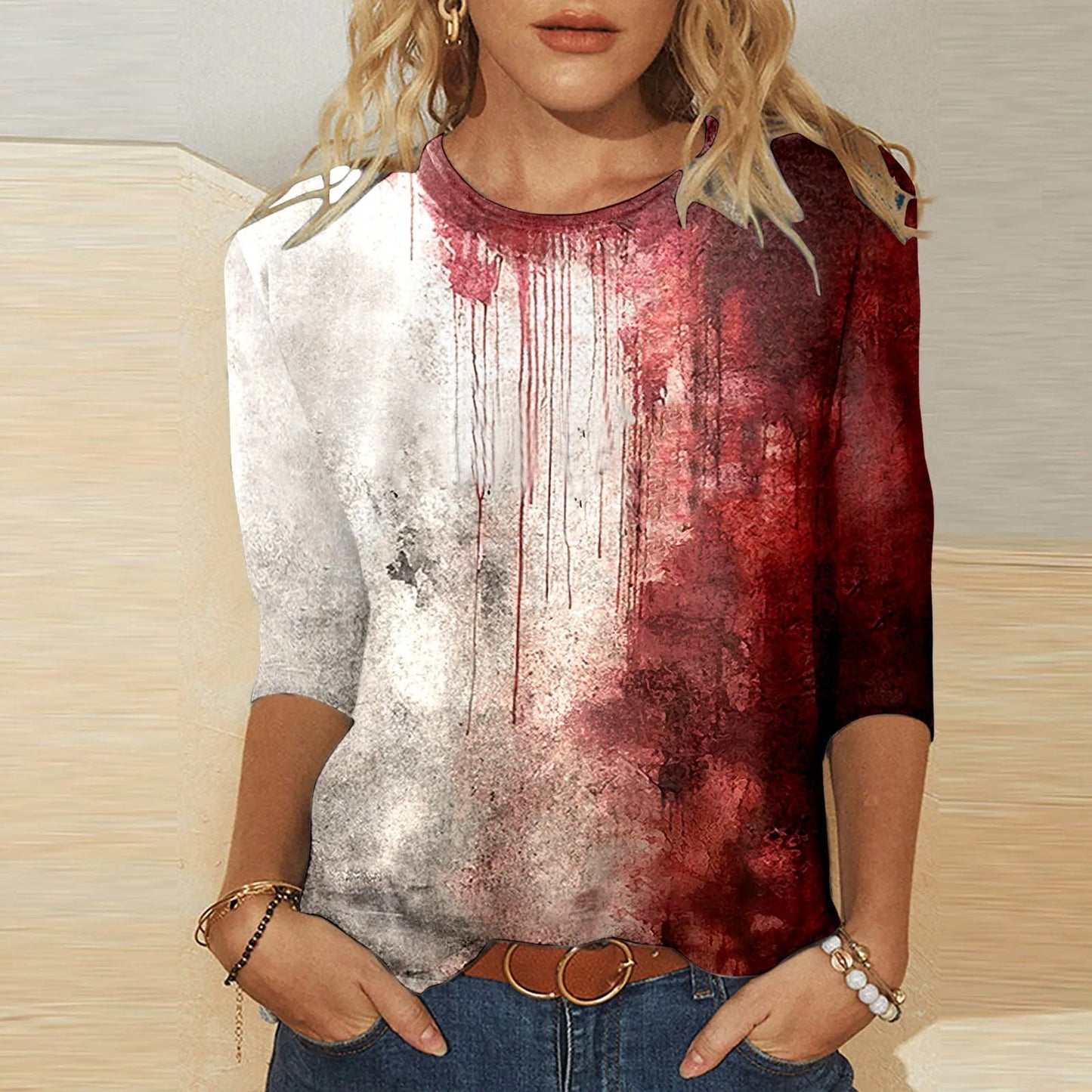 Bloody Fonts T-Shirt Halloween Ladies Printed Long Sleeve Crew Neck T Shirt Top Distressed