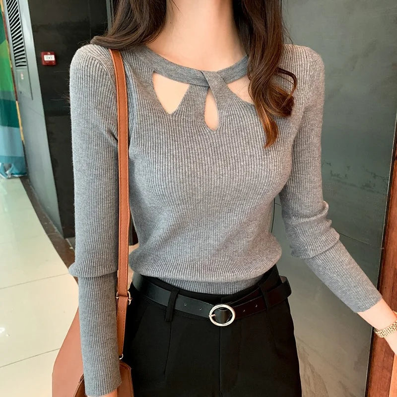 Women's O-neck Stretch Sexy Pullover Hollow Solid Color Sweater Bottoming Shirt Jumper