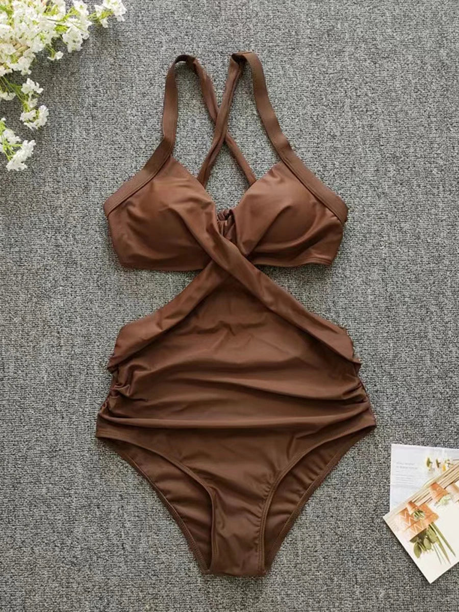 Solid Printed Swimwear Women Halter One Piece Swimsuit Female Swimming Monokini Suit Padded Beachwear