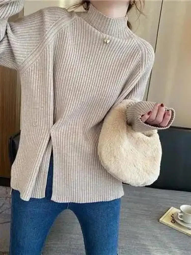 Women Sweater Pullovers Turtleneck Casual Autumn Winter Split Fork Button Chic Sweater Female Knit Top Soft Jumper Tops