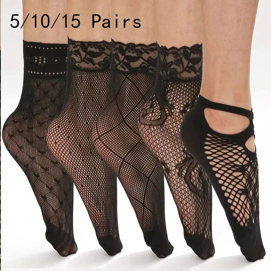 5/10/20 Pairs Vintage Lace Women's Socks Summer Mesh Elastic Transparent Ankle Socks  Women Versatile Fish Net Black Sock
