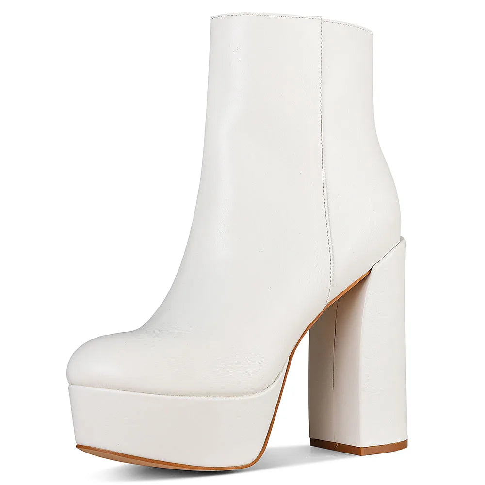 Platform Chunky High Heel Ankle Boots Side Zipper Solid Square Heels Round Toe