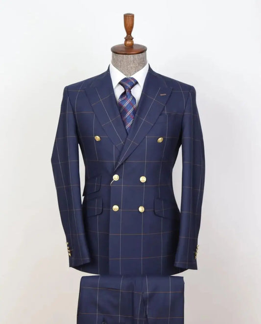 Gentlemen's Suit Tailor-Made 2 Pieces Plaid Gold Buttons Blazer Pants Double Breasted Wedding Groom Prom Tailored