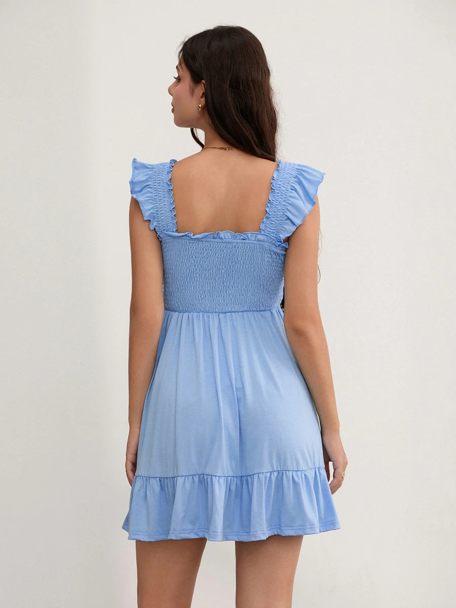 Solid Color Mini Dress Fly Sleeve Ruched A-line  Casual Dress