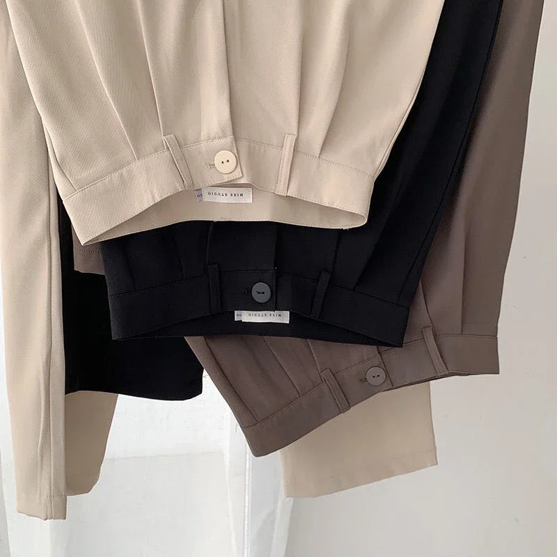 High Waist Women Suit Pants Fall Straight Office Fashion Trousers Casual Button Loose Female Pants