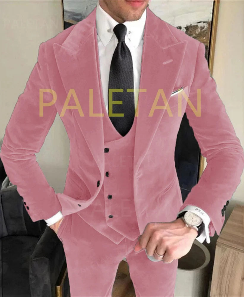 Business Velvet Blazer Sets Men's Suits Elegant Formal 3 Pieces Outfits Jacket+Pants+Vest