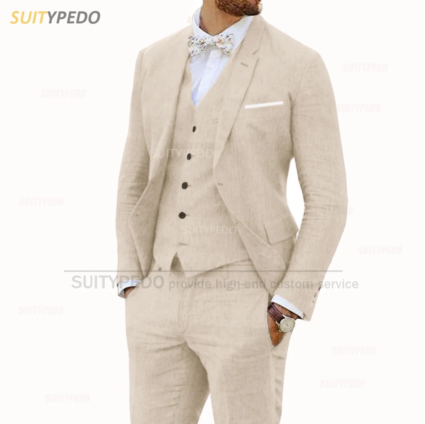 Linen Suits for Men 3 Pieces Casual Slim Fit Suit Blazer Vest Pants Set Formal Prom Wedding Tuxedos for Groomsmen Best Man