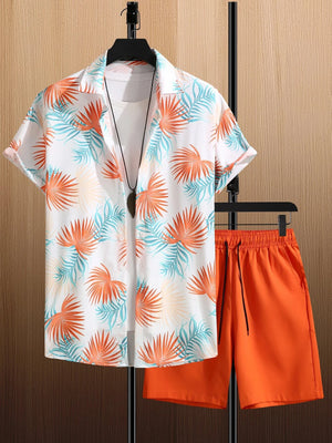 Hawaiian Coconut Tree Print Men's Shirt Summer Short Sleeve Tops Beach Shorts 2 Piece Sets Casual Vacation Style Outfit Clothing