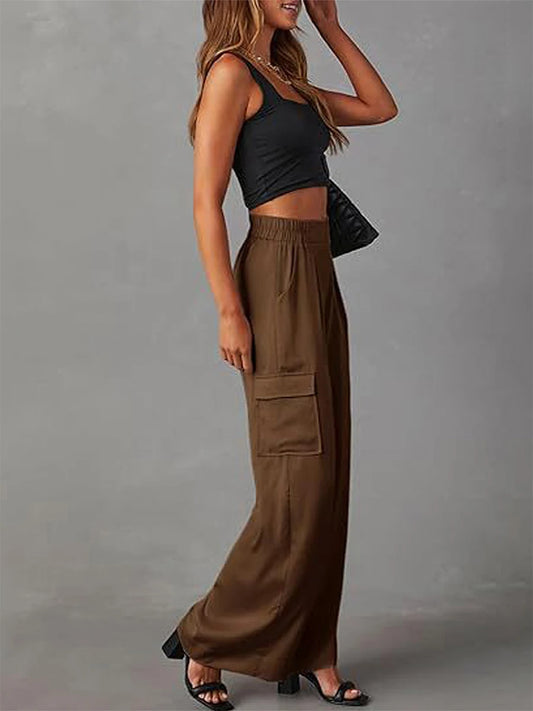 High Waisted Cargo Pants for Women Casual Loose Fit Wide Leg Trousers with Elastic Waistband and Multiple Pockets Stylish