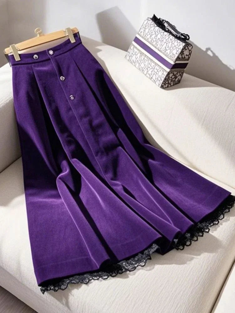 Lace Velvet  Vintage  Long Skirt