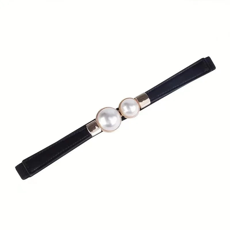 Women's Thin Elastic Belt Decorative Dress Double Pearl Buckle Belt Waistband