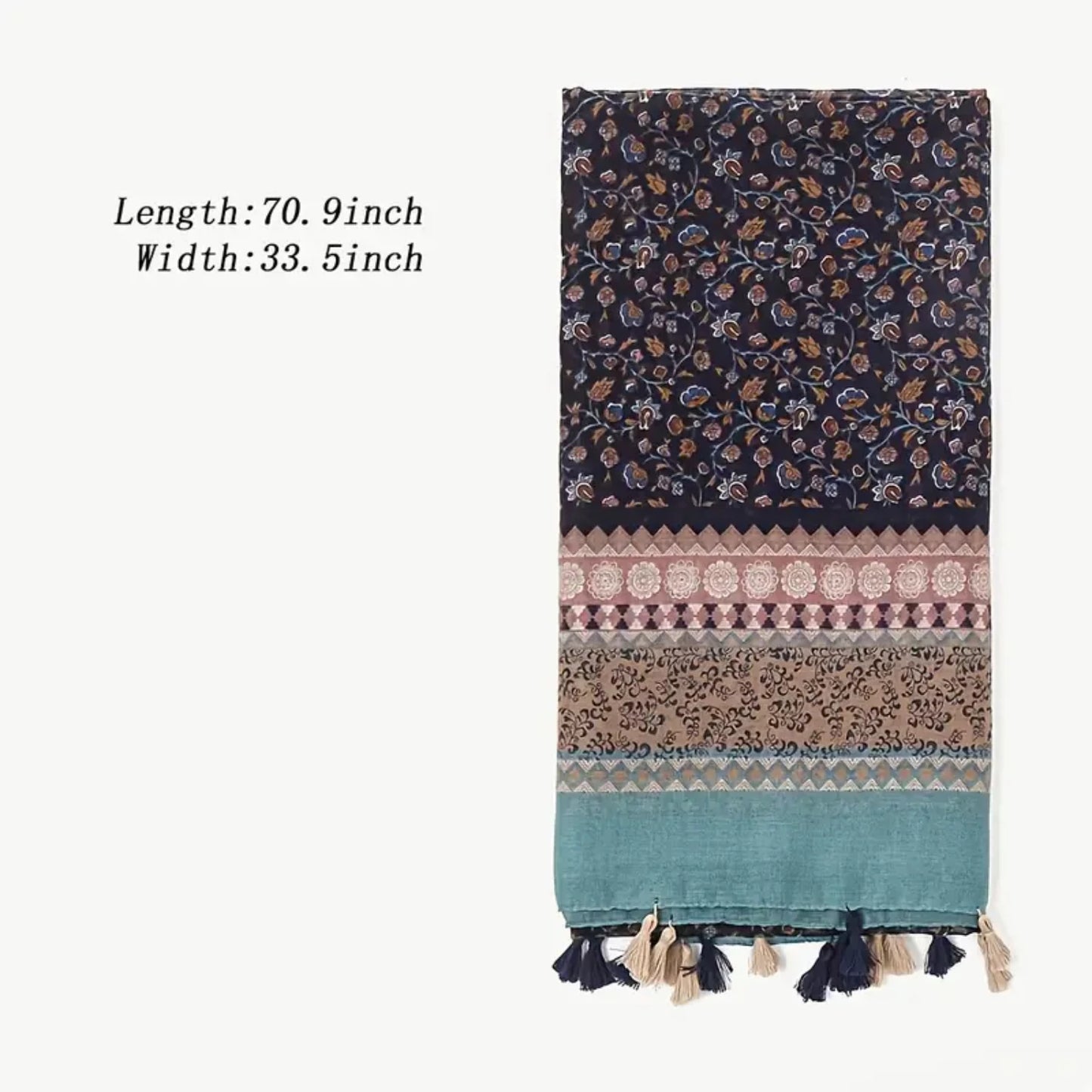 Ethnic Print Tassel Scarf in Cotton and Linen, Women's Retro Fashion Shawl