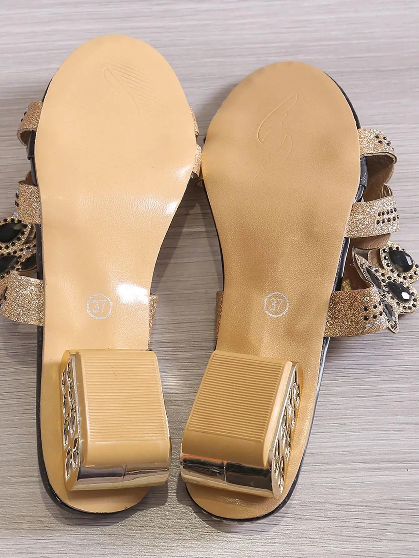 Rhinestone Sandals With Chunky Heel & Crystal Decoration
