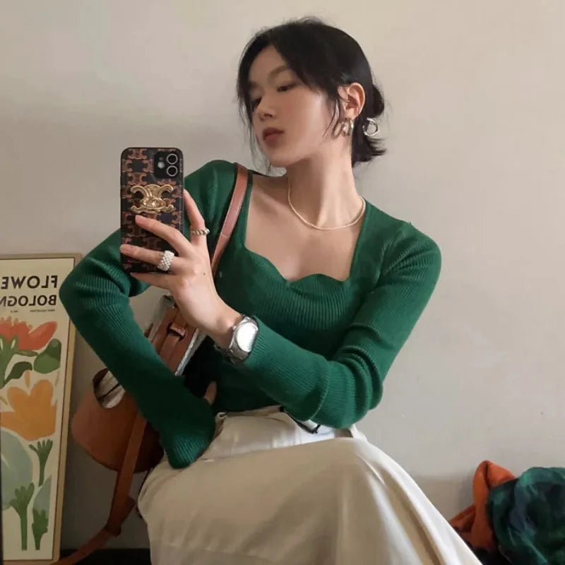 Knitted Pullovers Women Vintage Solid Sweaters Elegant Knitwear Square Collar All Match Jumpers