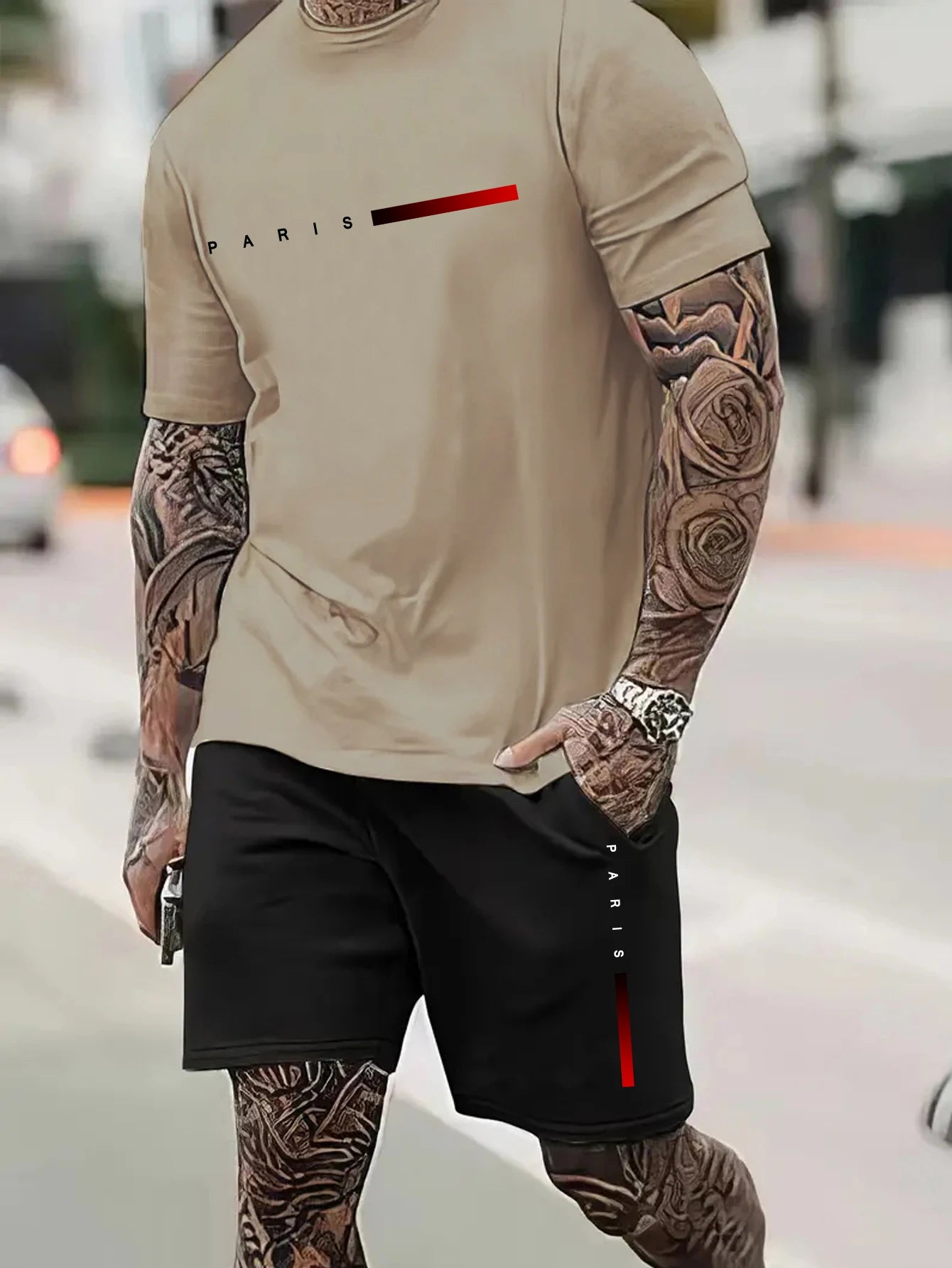 Short-sleeved shirt and shorts summer men's suit simple fitted T-shirt letter print with the same printed shorts two-piece set