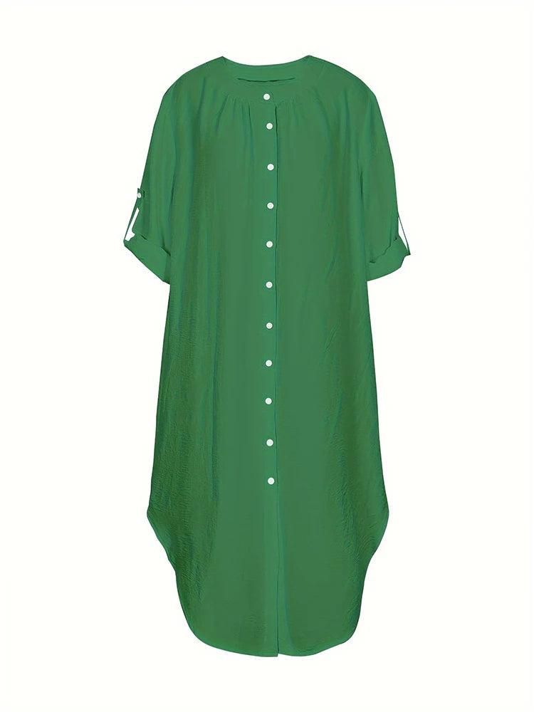 Plus Size Women's Single Row Buttons Dress Solid Color Casual Loose Long Dress Polyester Material