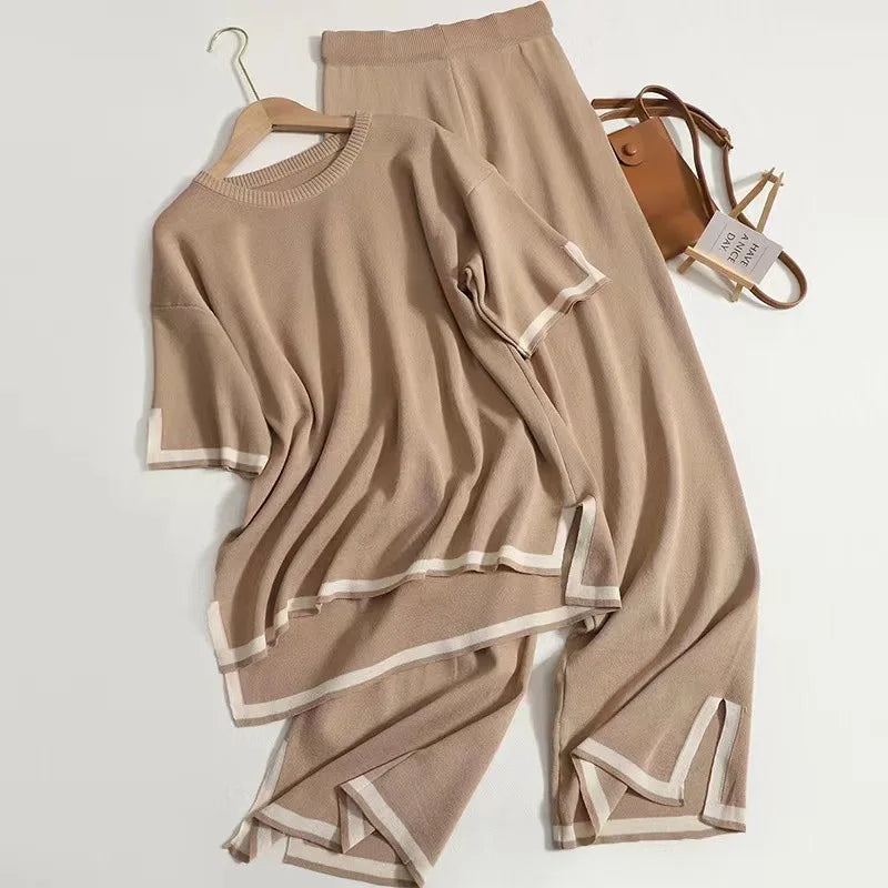 Elegant O-neck Side Slit Pullover Long Sleeve Sweater + Wide Leg Pants 2 Piece Sets Women's  Solid Color Casual Pantsuit