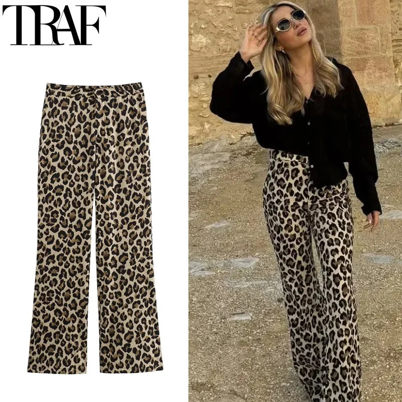 Vintage Leopard Pants Women High Waist Animal Print Baggy Pants Woman Streetwear Summer Wide Pants Retro Women's Trousers