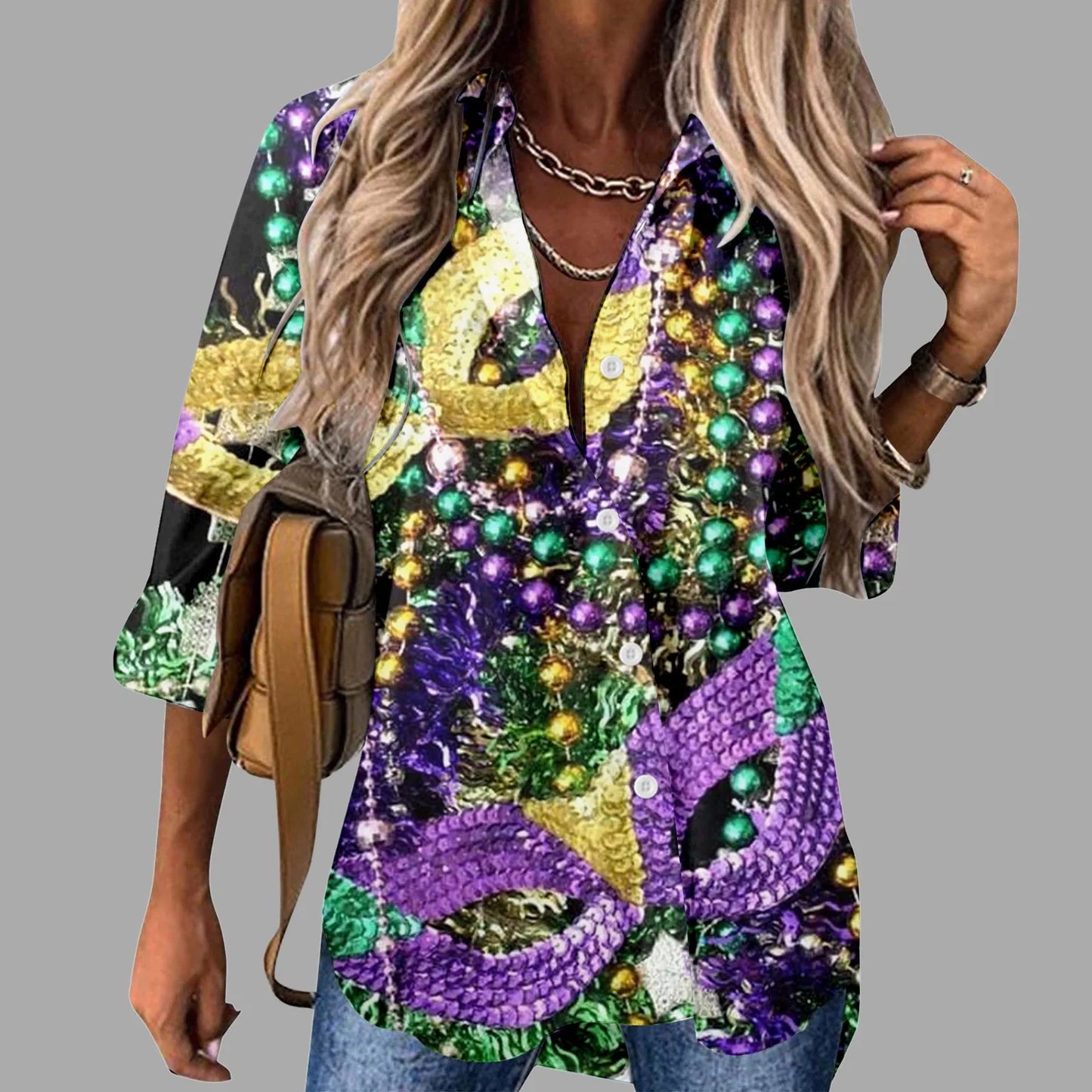 Mardi Gras Women V Neck Shirts Button Long Sleeve Carnival Print Tops Female Blouses Loose